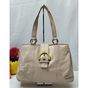 Coach Beige Leather Buckle Double Hanlde Tote Shoulder Bag